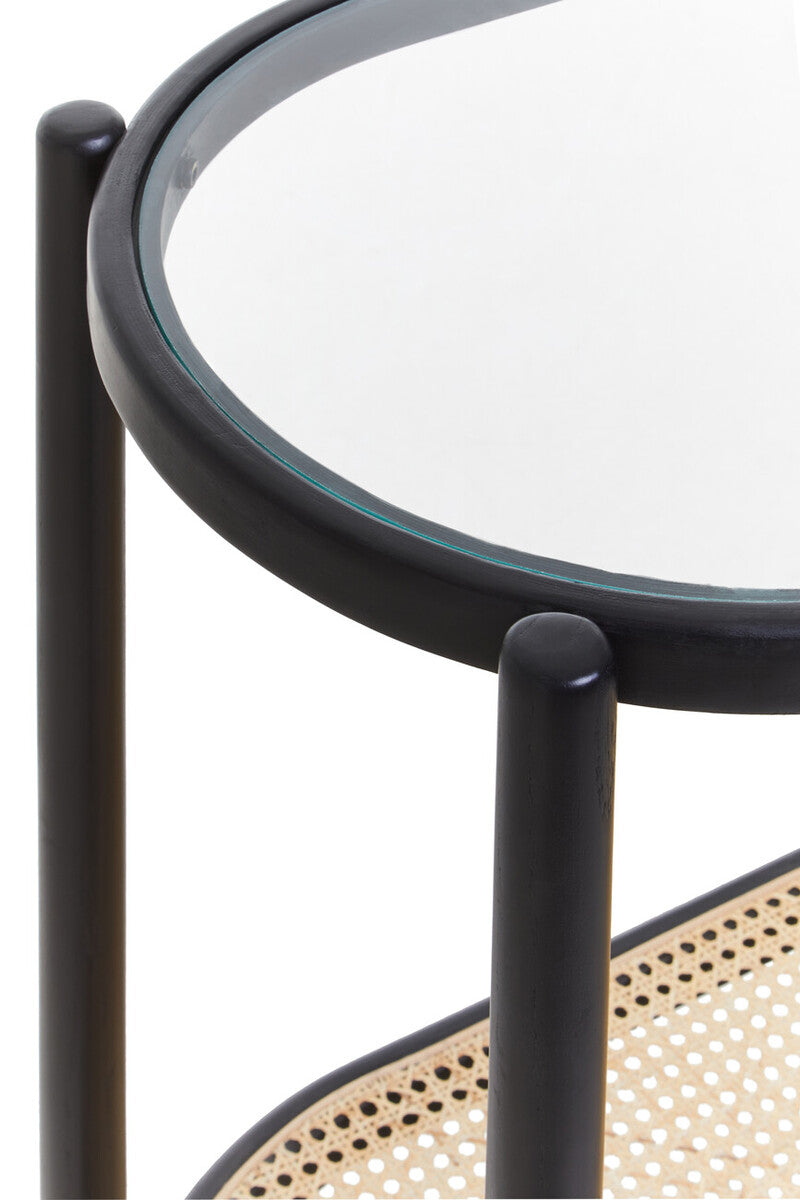 Black Elm Wooden Frame Console Table with Glass Top and Rattan Shelf