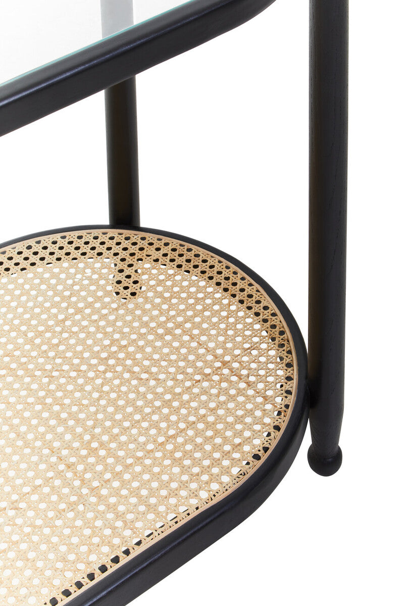 Black Elm Wooden Frame Console Table with Glass Top and Rattan Shelf
