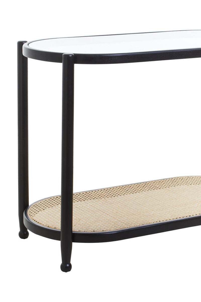 Black Elm Wooden Frame Console Table with Glass Top and Rattan Shelf