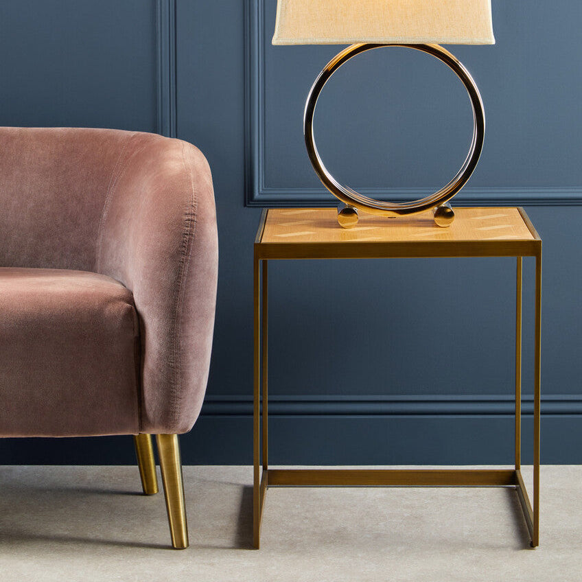 Large Natural Oak Veneer Side Table with Brushed Brass Steel Base