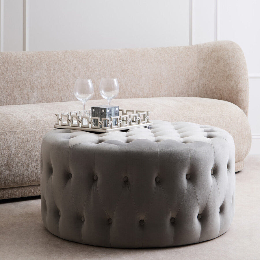 Grey Velvet Round Tufted Footstool