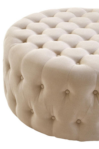 Beige Velvet Round Tufted Footstool