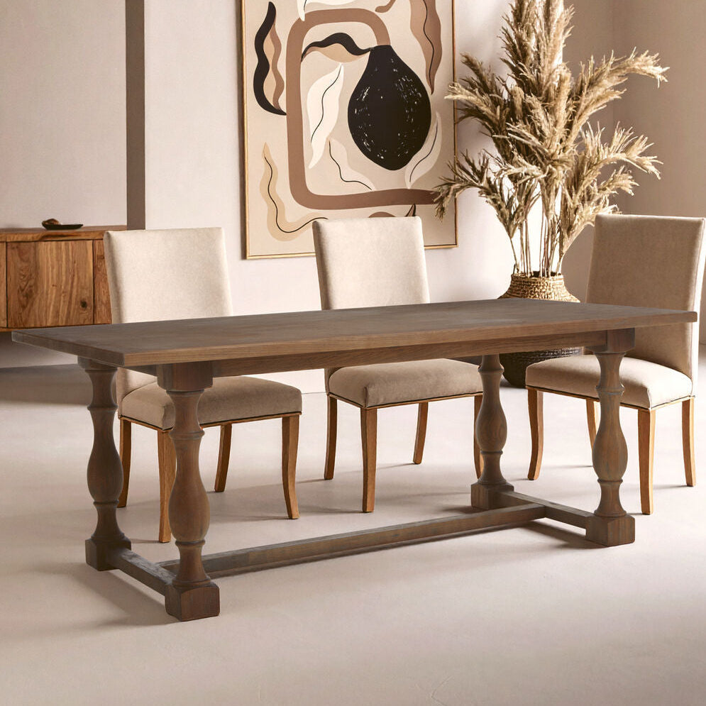 Natural Rectangular Oak Dining Table with Carved Pedestal Legs