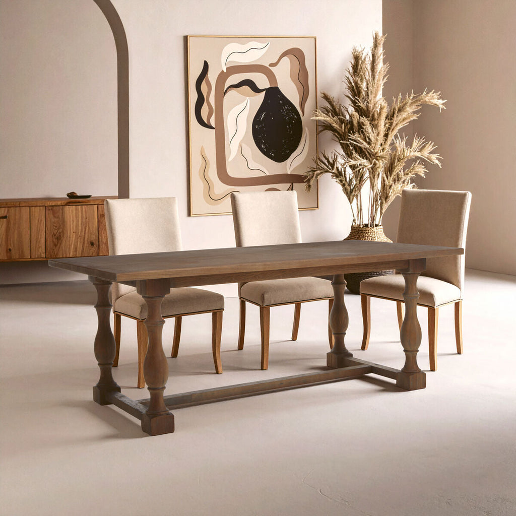 Natural Rectangular Oak Dining Table with Carved Pedestal Legs