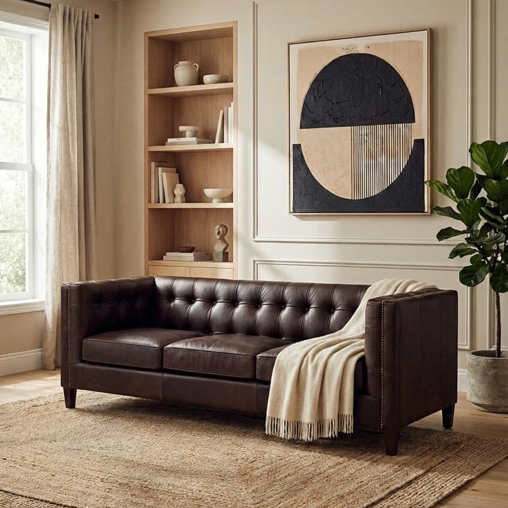 3 Seater Modern Chesterfield Sofa in Dark Brown Leather