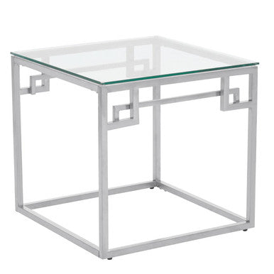 Silver Glass Top Side Table with Geometric Steel Frame