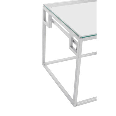 Silver Glass Top Side Table with Geometric Steel Frame