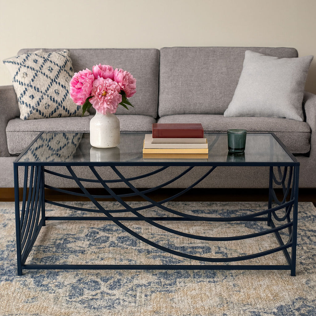 Mirrored Glass Top Coffee Table with Curved Metal Frame Logan