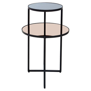 Smoked Mirror Two Tier Side Table with Black Metal Frame