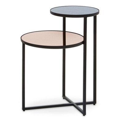 Smoked Mirror Two Tier Side Table with Black Metal Frame