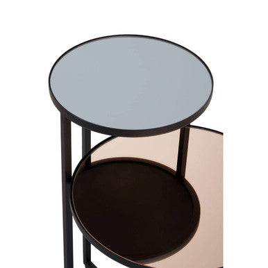 Smoked Mirror Two Tier Side Table with Black Metal Frame