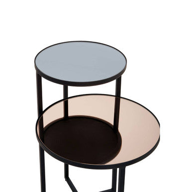 Smoked Mirror Two Tier Side Table with Black Metal Frame