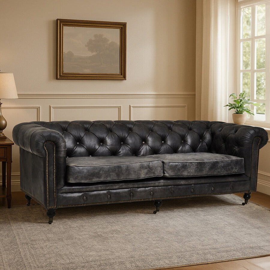 3 Seater Antique Black Chesterfield Leather Sofa