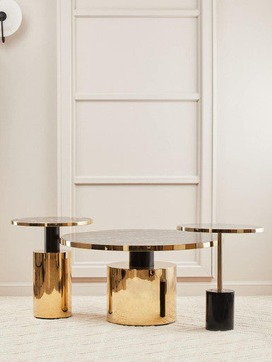Black Marble Effect Glass Top Side Table with Gold Base