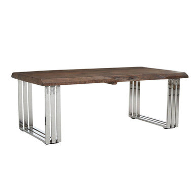Natural Wood Coffee Table with Silver Stainless Steel Base
