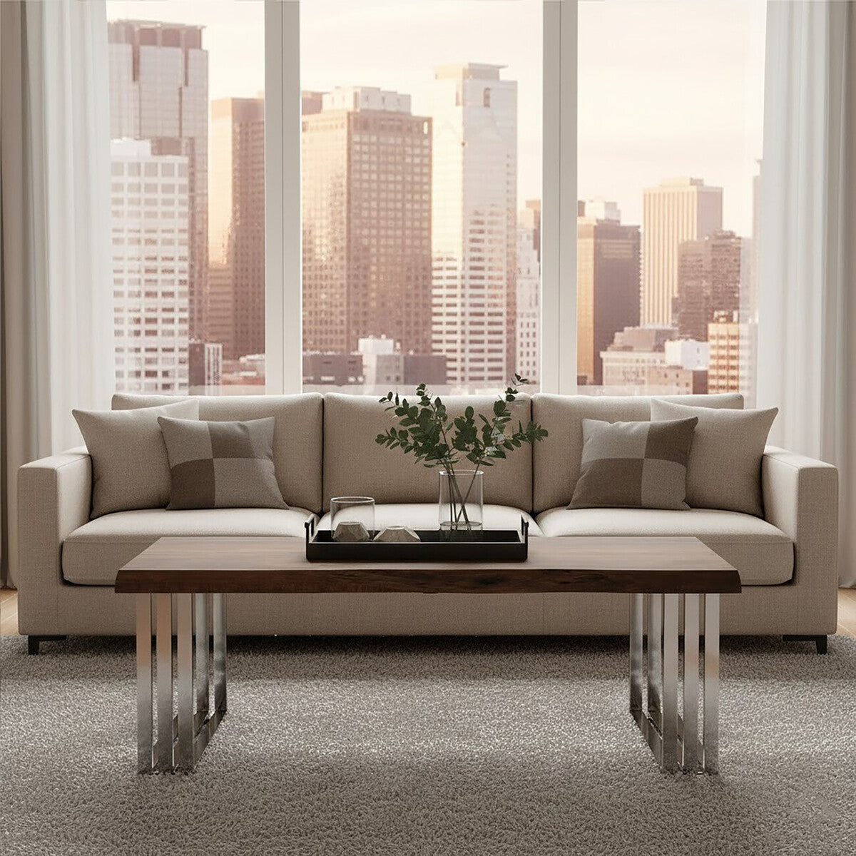 Natural Wood Coffee Table with Silver Stainless Steel Base