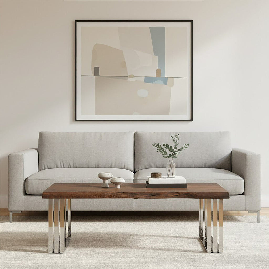 Natural Wood Coffee Table with Silver Stainless Steel Base