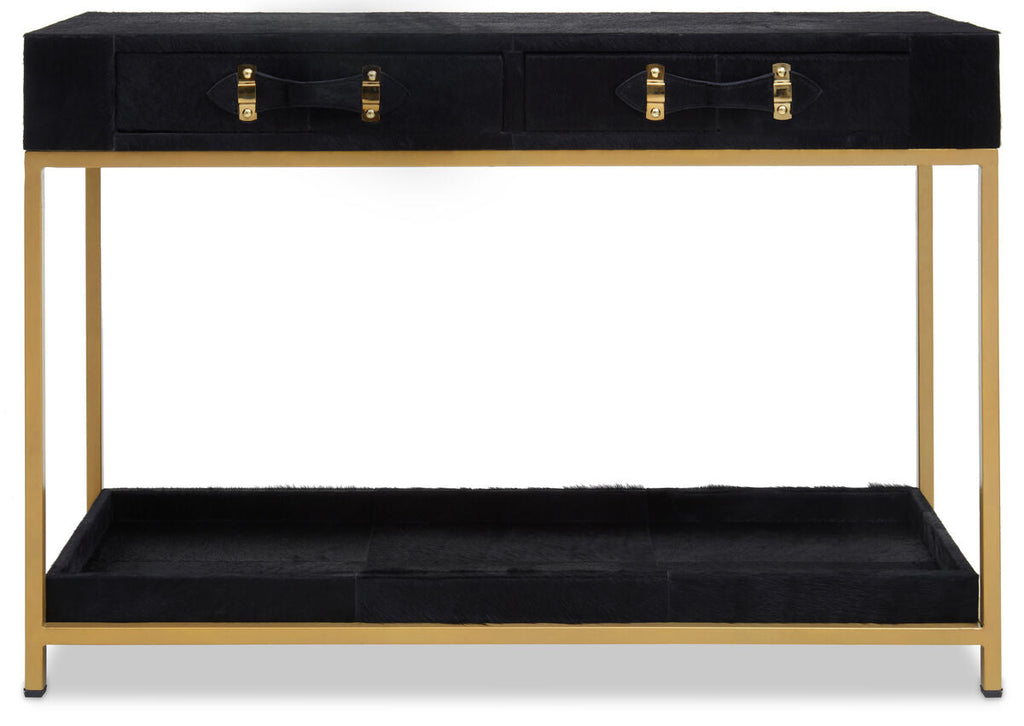 Black Hair on Leather 2 Drawer Console Table with Gold Metal Frame