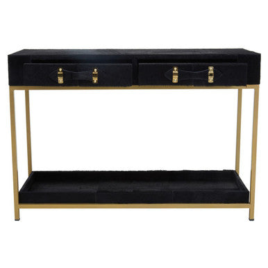 Black Hair on Leather 2 Drawer Console Table with Gold Metal Frame