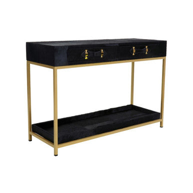 Black Hair on Leather 2 Drawer Console Table with Gold Metal Frame