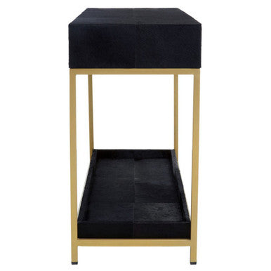 Black Hair on Leather 2 Drawer Console Table with Gold Metal Frame