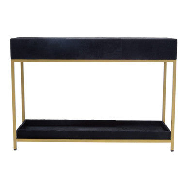 Black Hair on Leather 2 Drawer Console Table with Gold Metal Frame