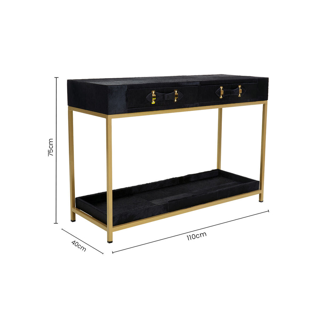 Black Hair on Leather 2 Drawer Console Table with Gold Metal Frame