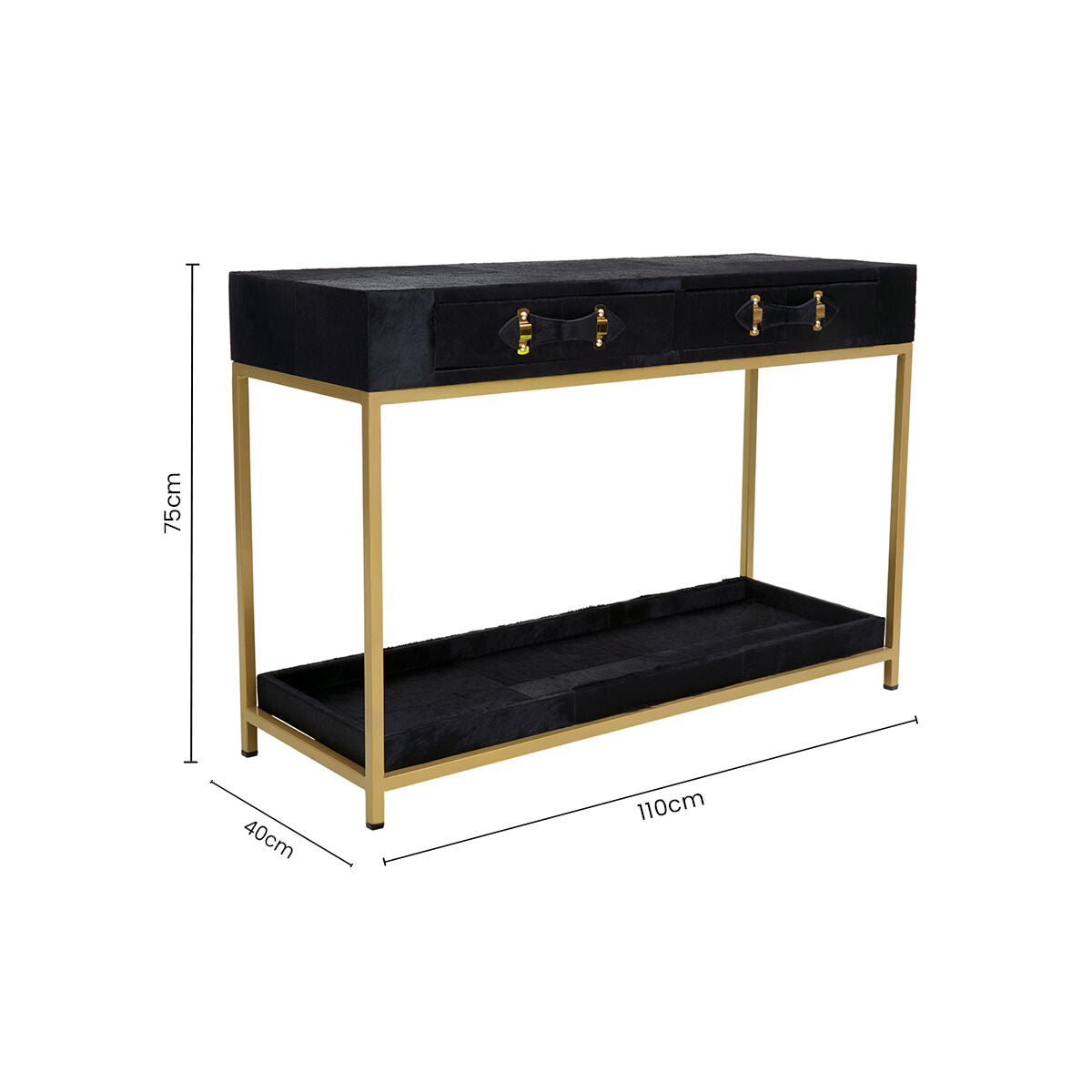 Black Hair on Leather 2 Drawer Console Table with Gold Metal Frame