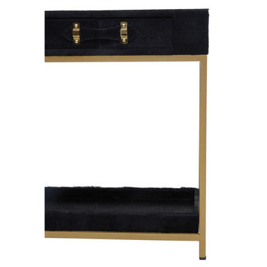 Black Hair on Leather 2 Drawer Console Table with Gold Metal Frame