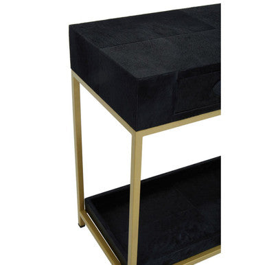 Black Hair on Leather 2 Drawer Console Table with Gold Metal Frame