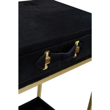 Black Hair on Leather 2 Drawer Console Table with Gold Metal Frame