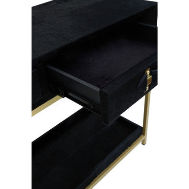 Black Hair on Leather 2 Drawer Console Table with Gold Metal Frame