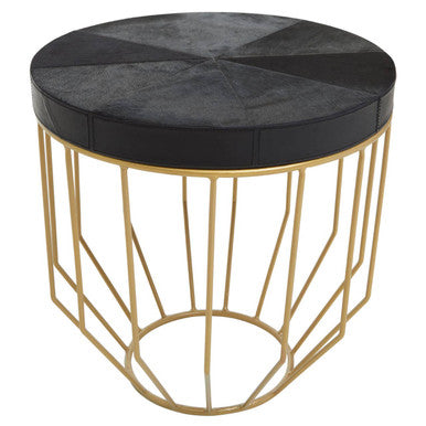 Black Hair on Hide Leather Round Side Table with Gold Metal Frame