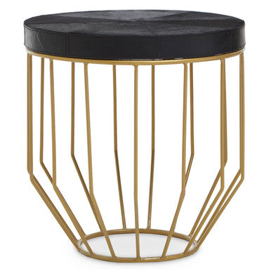 Black Hair on Hide Leather Round Side Table with Gold Metal Frame