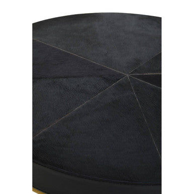 Black Hair on Hide Leather Round Side Table with Gold Metal Frame