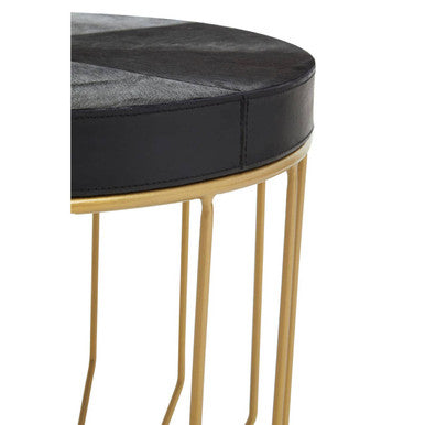 Black Hair on Hide Leather Round Side Table with Gold Metal Frame