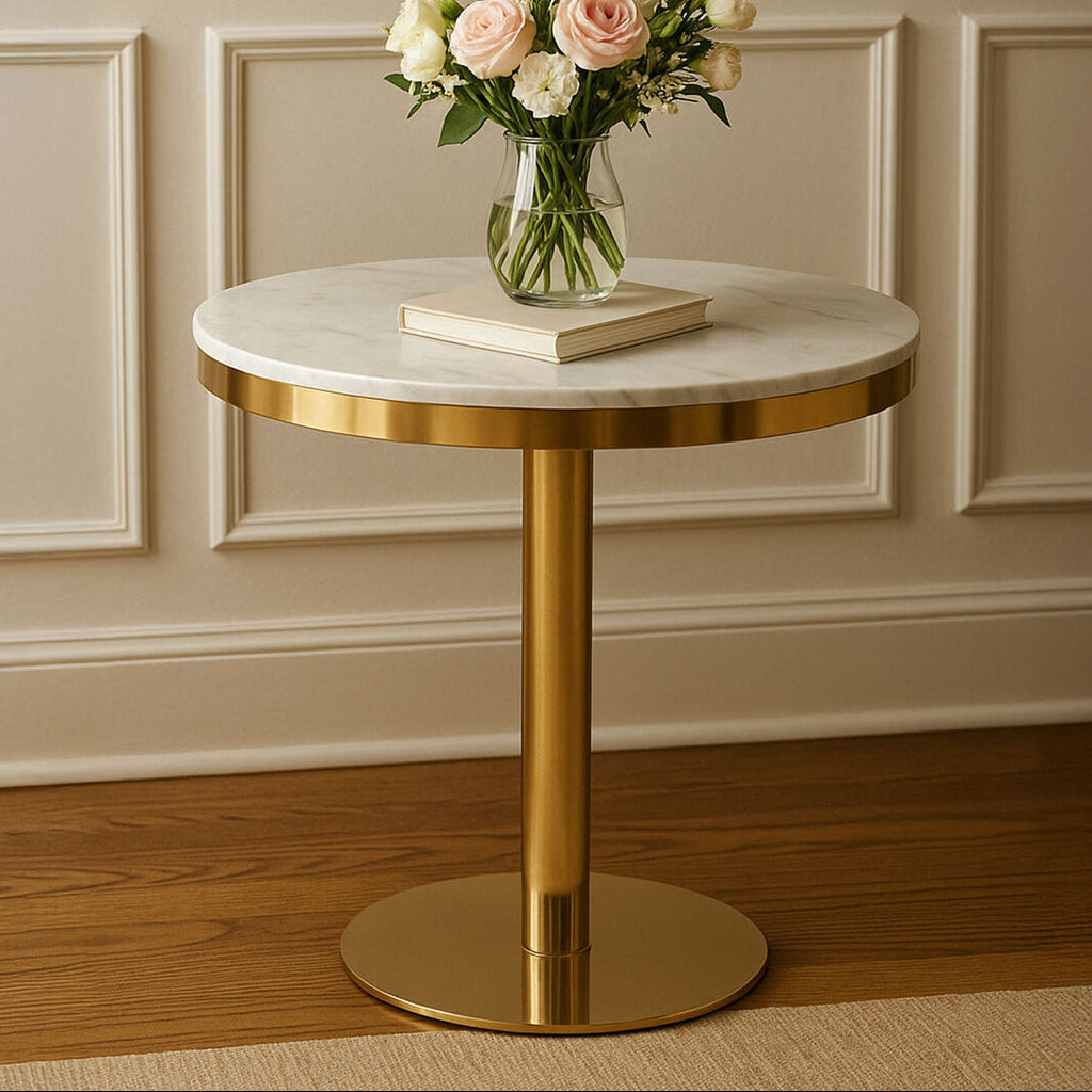 White Marble Round Dining Table with Gold Pedestal Base