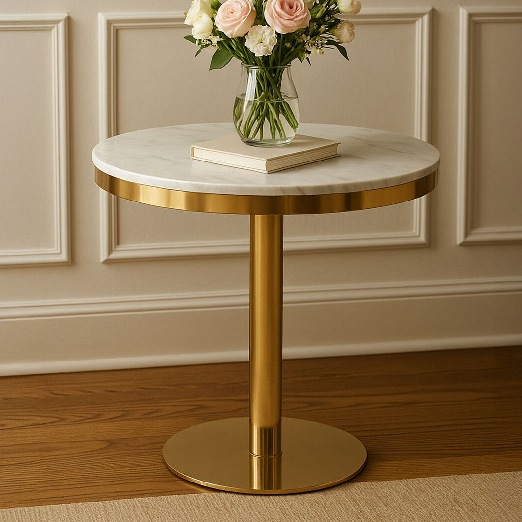 White Marble Round Dining Table with Gold Pedestal Base