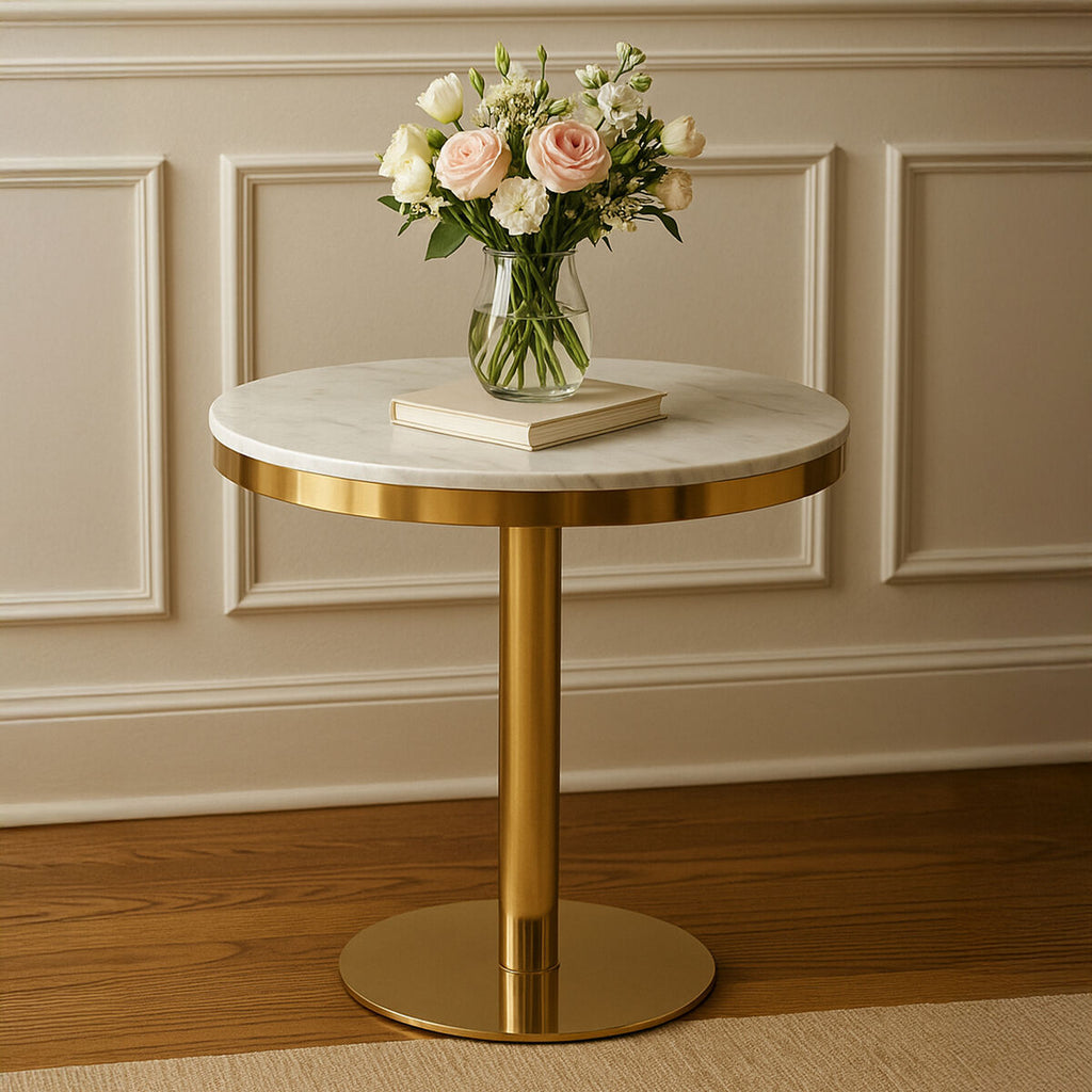 White Marble Round Dining Table with Gold Pedestal Base