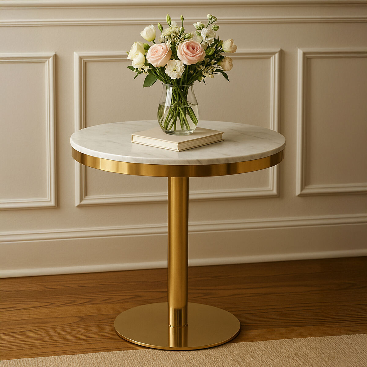 White Marble Round Dining Table with Gold Pedestal Base