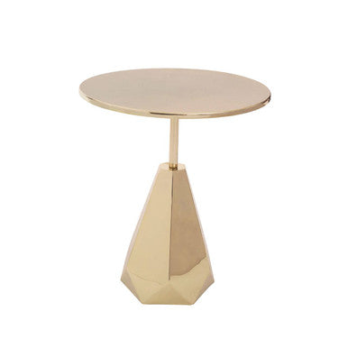 Shiny Gold Round Side Table with Geometric Base