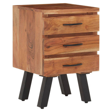 Natural Acacia Wood 3 Drawer Side Table with Black Metal Legs