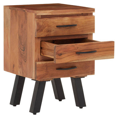 Natural Acacia Wood 3 Drawer Side Table with Black Metal Legs
