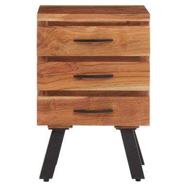 Natural Acacia Wood 3 Drawer Side Table with Black Metal Legs