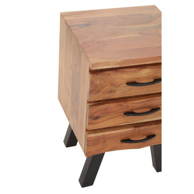 Natural Acacia Wood 3 Drawer Side Table with Black Metal Legs