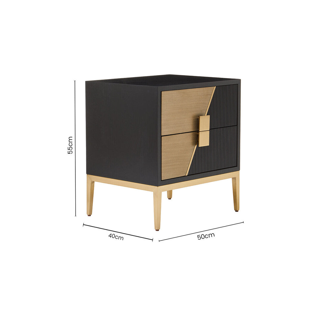 Black and Gold Two Drawer Side Table with Fluted Design