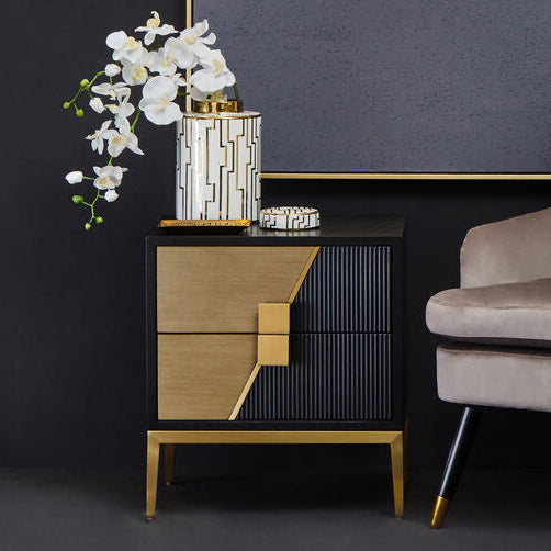 Black and Gold Two Drawer Side Table with Fluted Design