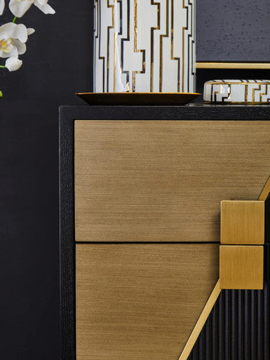 Black and Gold Two Drawer Side Table with Fluted Design