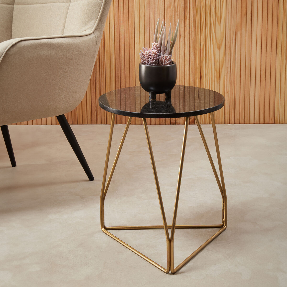 Black Marble Top Side Table with Gold Geometric Base
