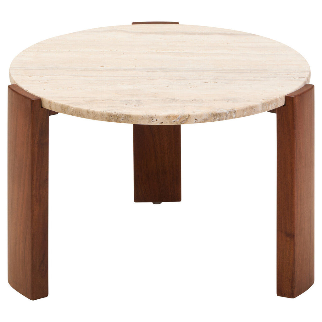 Cream Travertine Round Coffee Table with Acacia Wood Legs